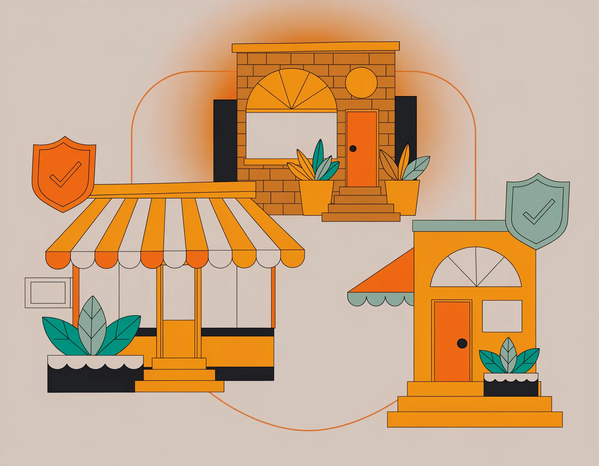 Illustration of a closed, vetted neighbourhood network of venues connected by amber lines