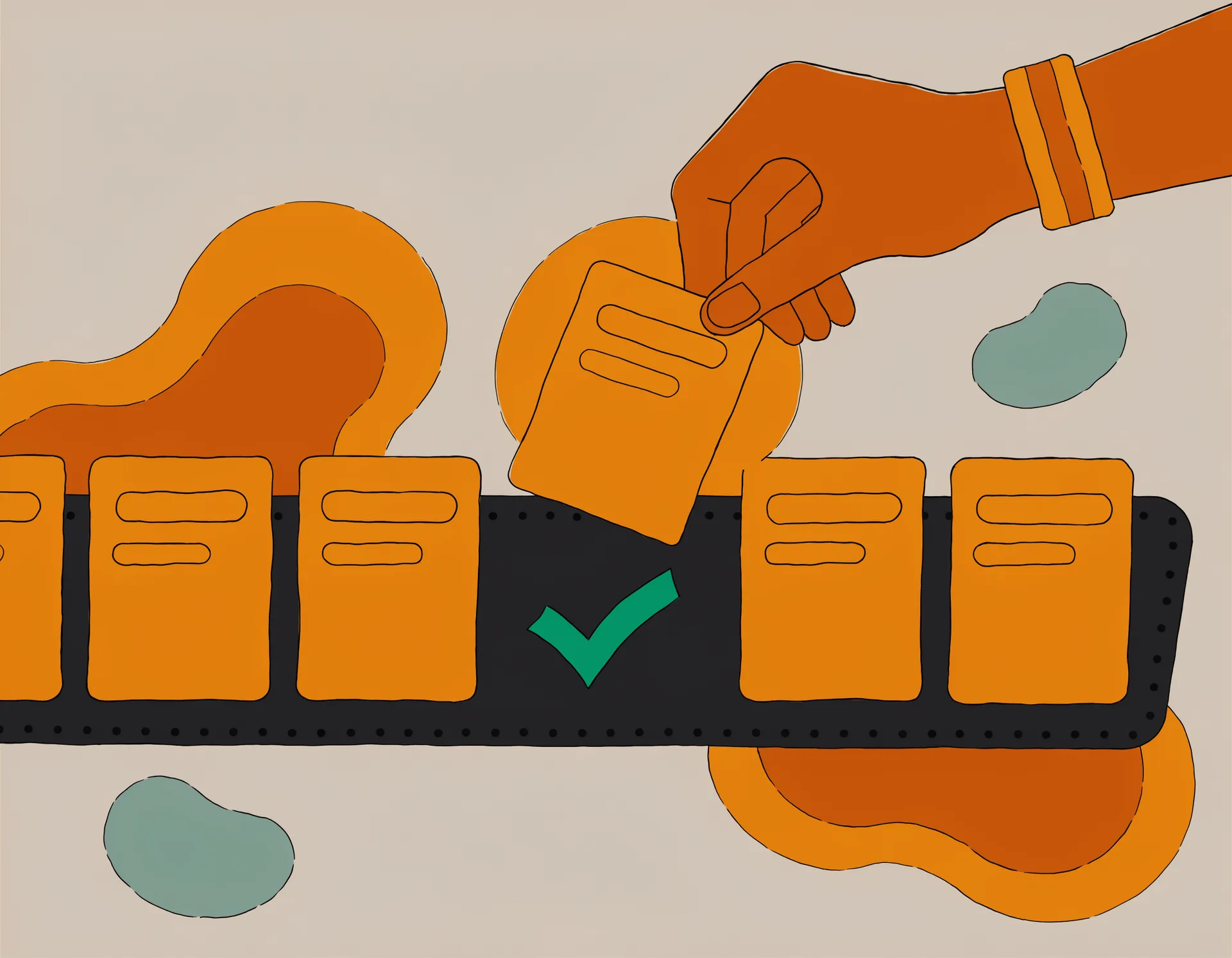 Illustration of a glowing amber ticket chit being lifted off a kitchen order rail