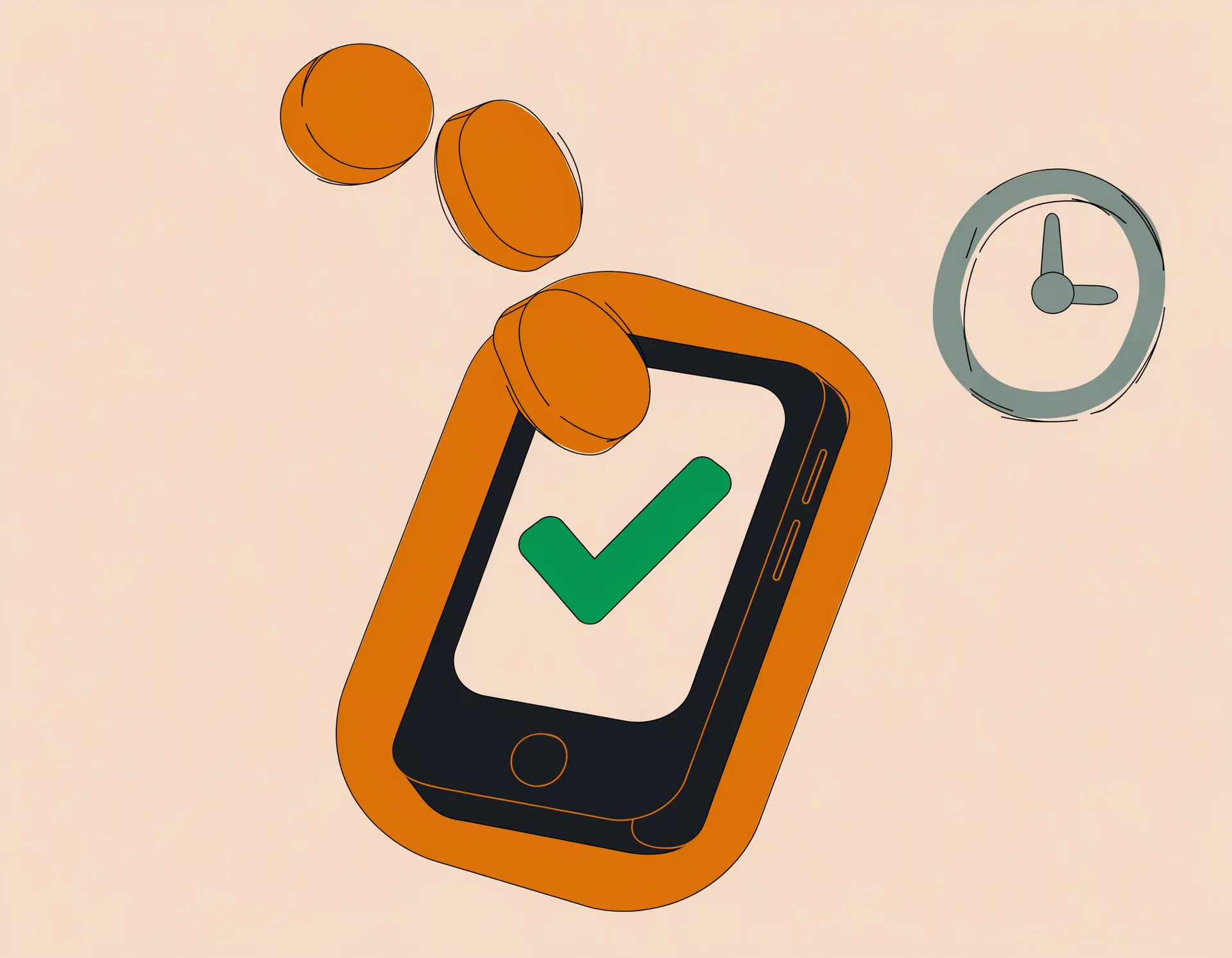 Illustration of instant pay at clock-out: a phone showing an ok-green payout confirmation with amber coins