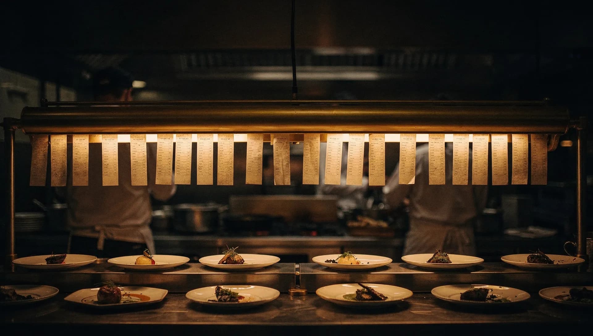 A restaurant kitchen pass at evening service — a full row of order tickets racked on a steel rail under warm amber heat lamps, plated dishes lined across the pass